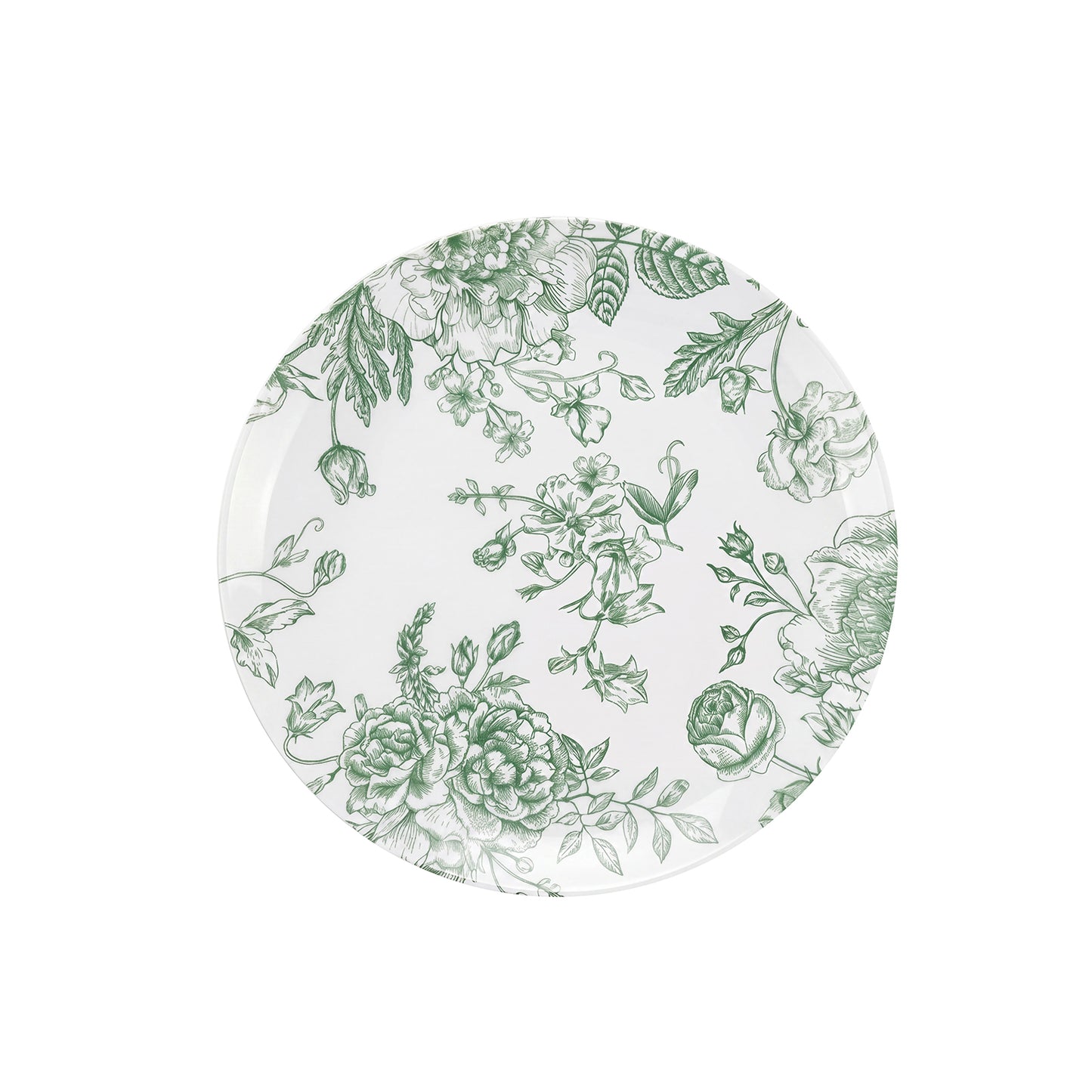 Sage green and white floral disposable salad plate, 7" round. #whtbkgd