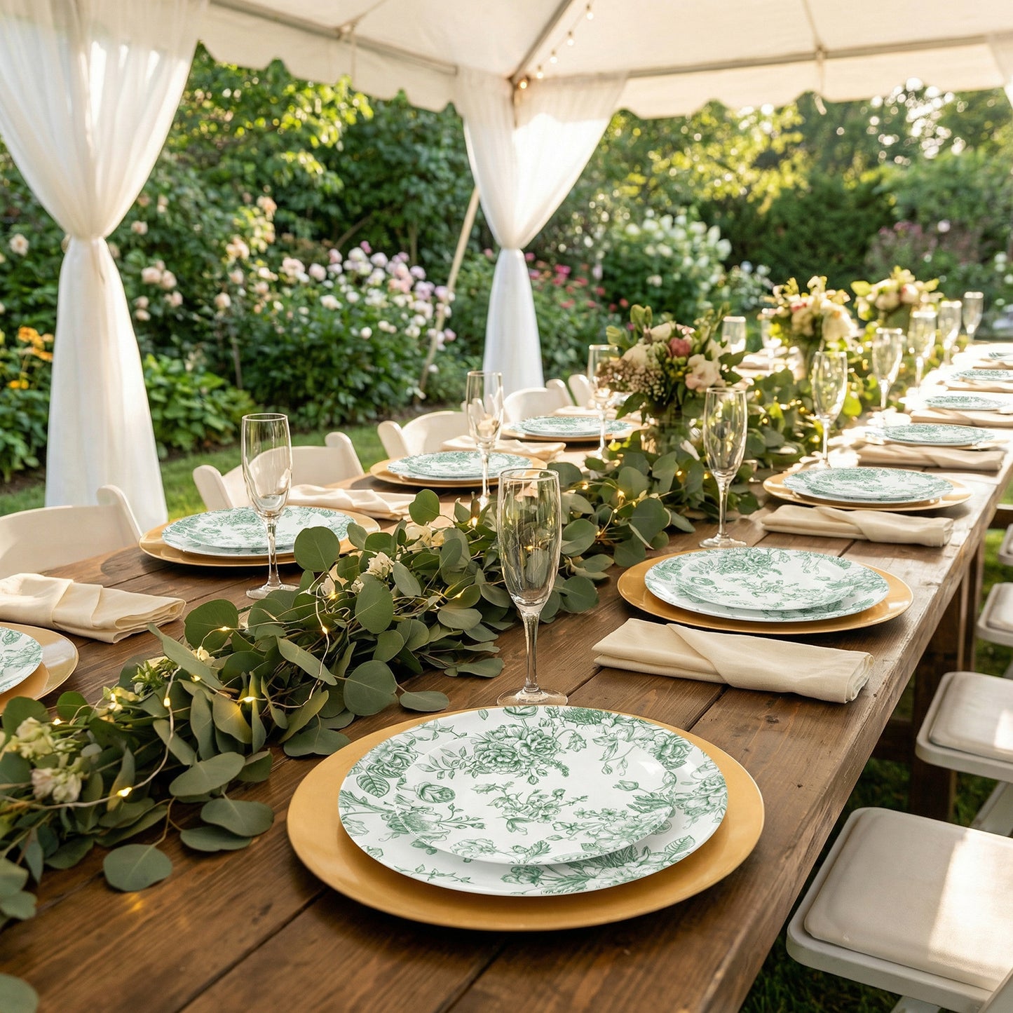 Sage green and white floral disposable salad plates set on a rustic table.