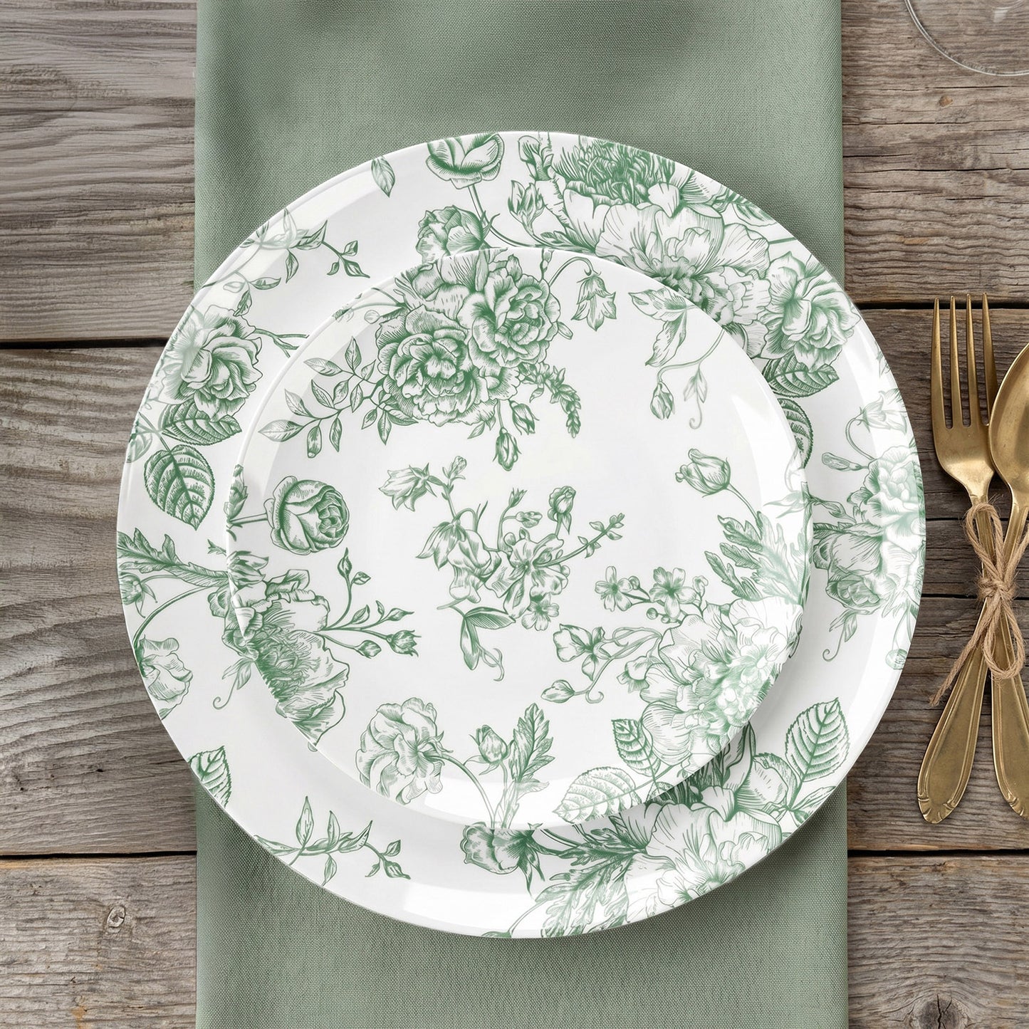 Sage green and white floral disposable salad plates on a wooden table.