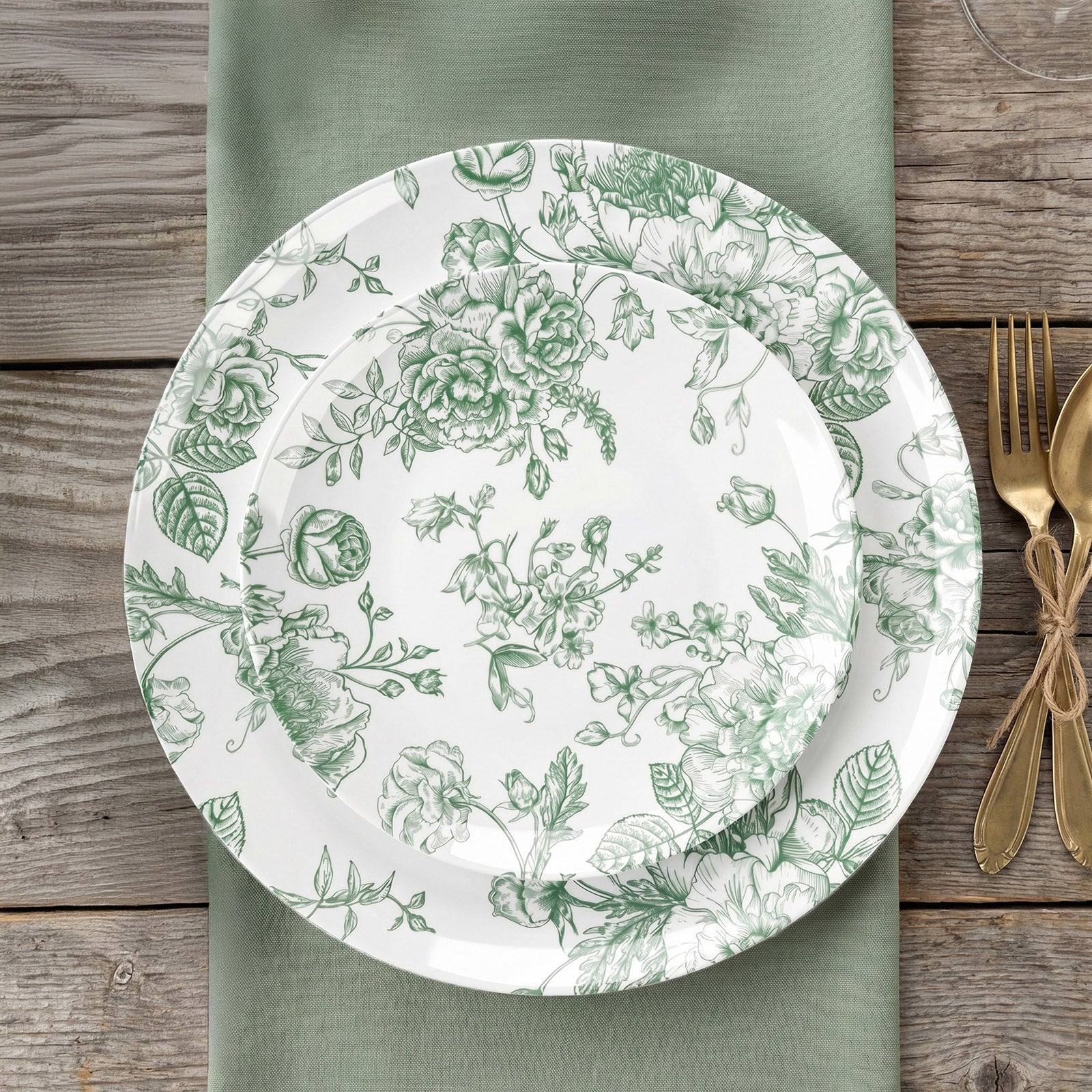 Sage green and white floral disposable salad plates on a wooden table.
