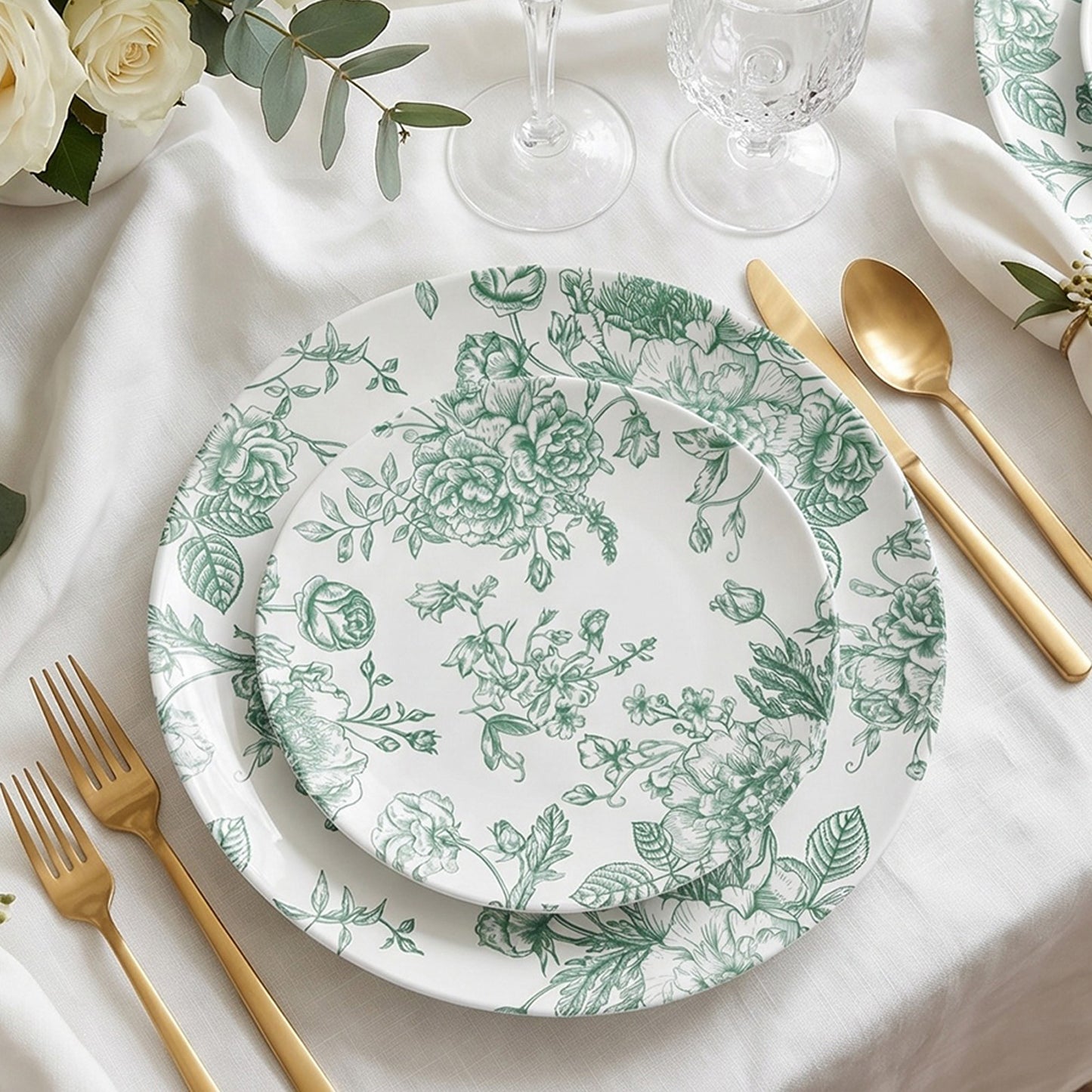 Sage green and white floral disposable salad plates on a table setting.