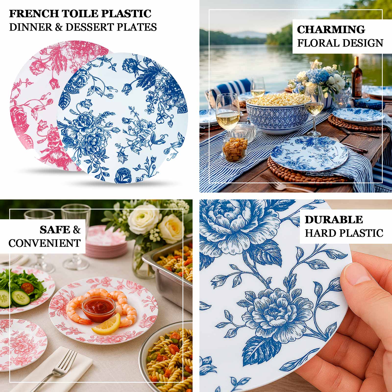 French Toile Plastic Dinner Plates 10pk Blue | TCFLinen