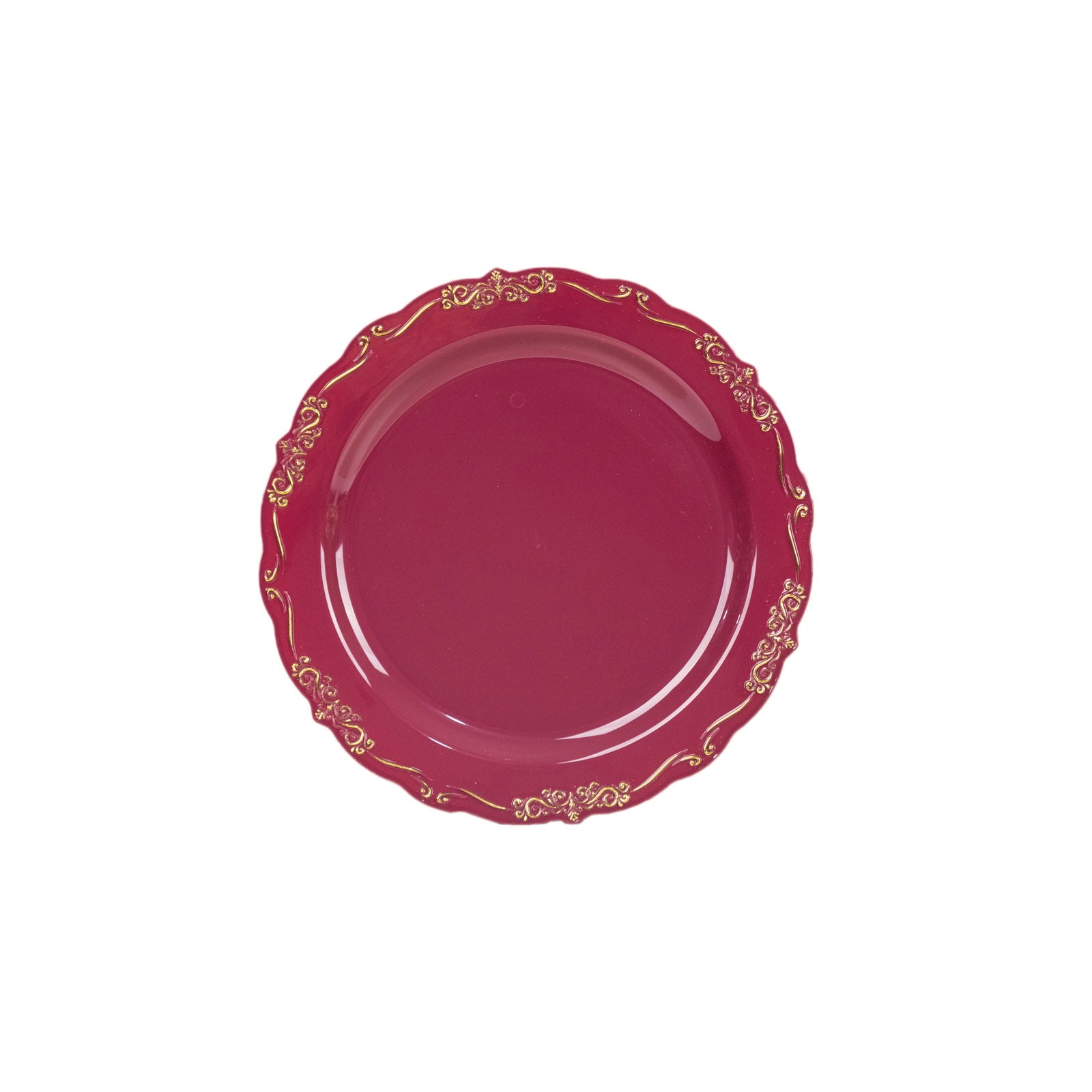 Burgundy disposable dinner plate with gold vintage rim and embossed scalloped edges.