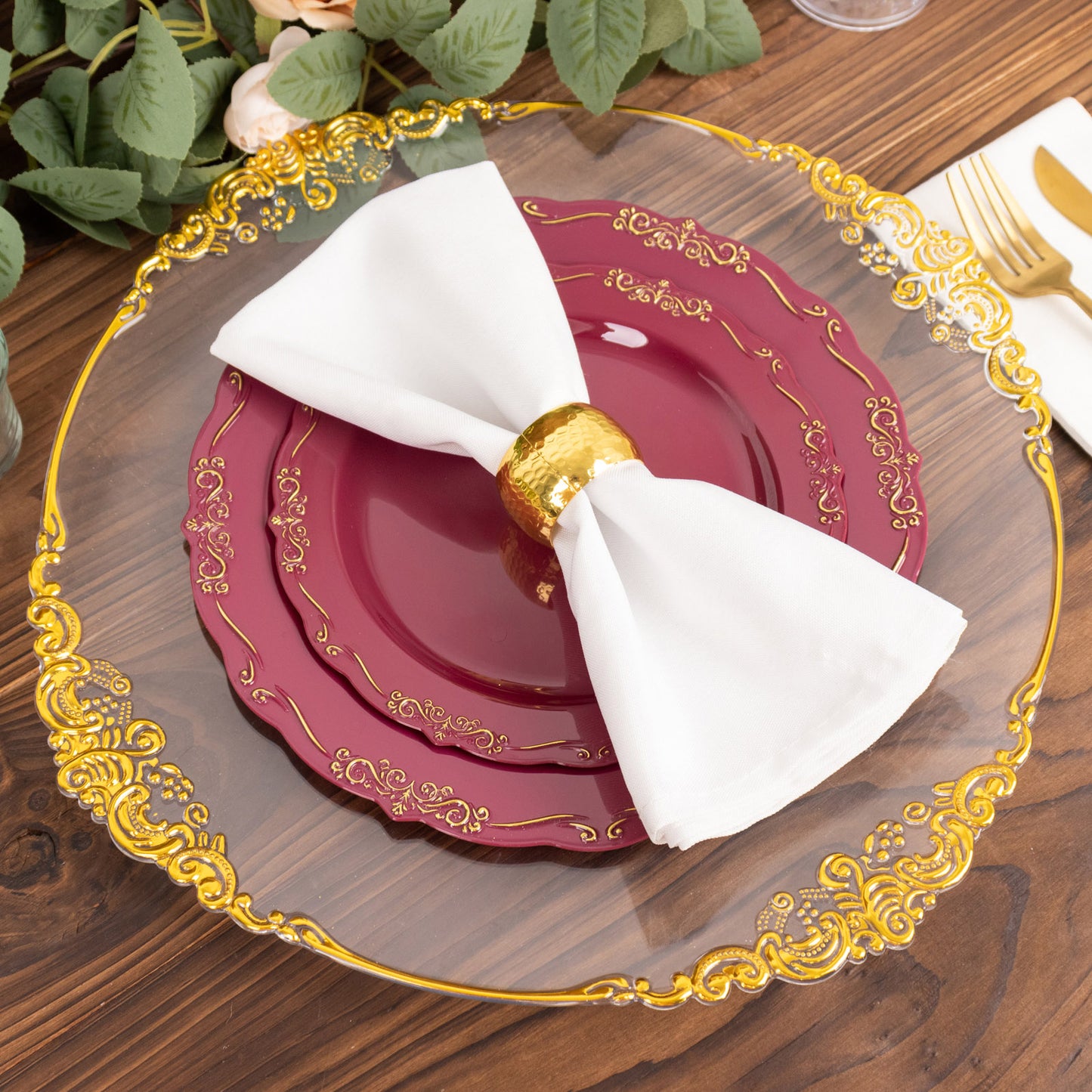 10 Burgundy disposable dinner plates with gold vintage rim and embossed edges.