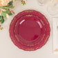 Burgundy disposable dinner plate with gold vintage rim and embossed edges.