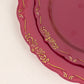 Burgundy disposable dinner plates with gold vintage rim and embossed scalloped edges.