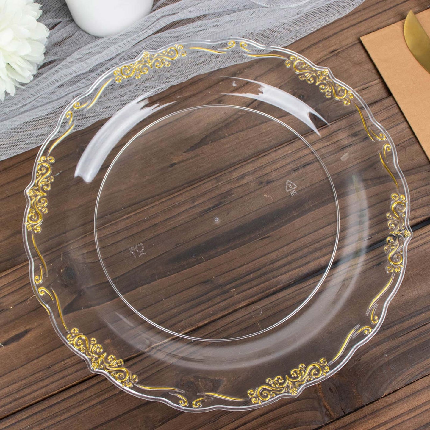 10 Pack | 10" Gold Vintage Rim Clear Hard Plastic Dinner Plates With Embossed Scalloped Edges, Disposable Party Plates
