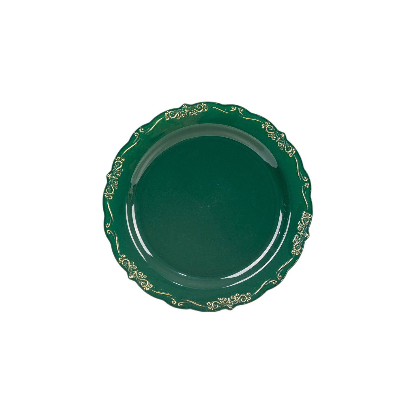 10 Pack | 10" Hunter Emerald Green With Gold Vintage Rim Disposable Dinner Plates With Embossed Scalloped Edges, Plastic Party Plates