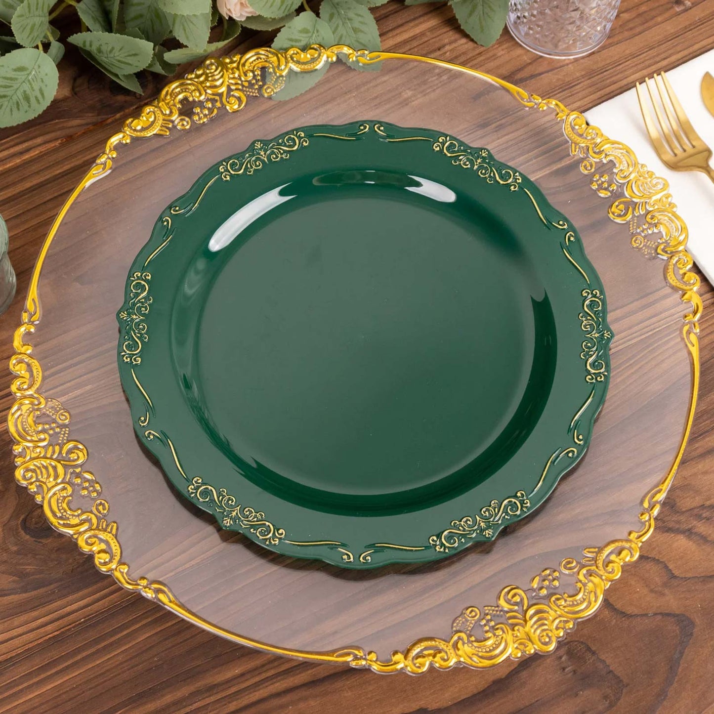 10 Pack | 10" Hunter Emerald Green With Gold Vintage Rim Disposable Dinner Plates With Embossed Scalloped Edges, Plastic Party Plates