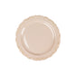 Taupe disposable dinner plate with gold vintage rim and embossed scalloped edges.