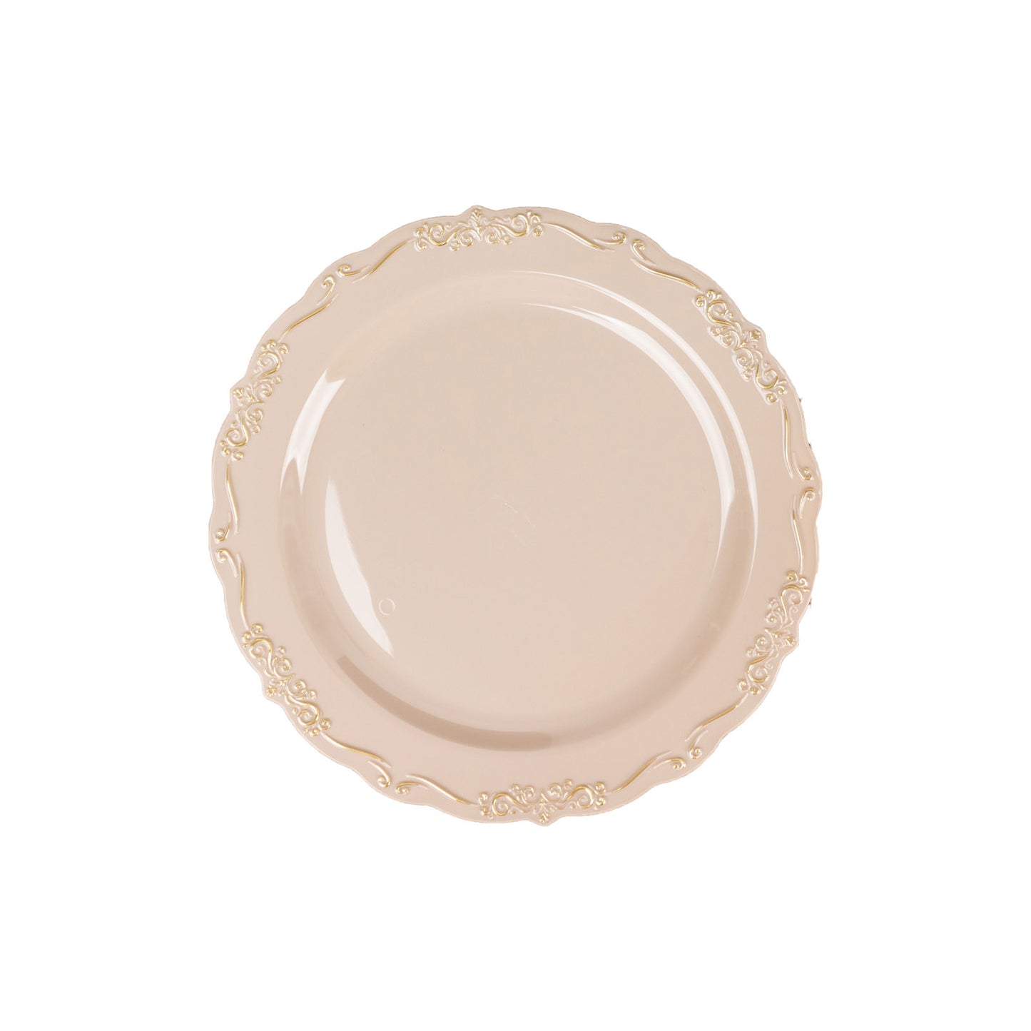 Taupe disposable dinner plate with gold vintage rim and embossed scalloped edges.