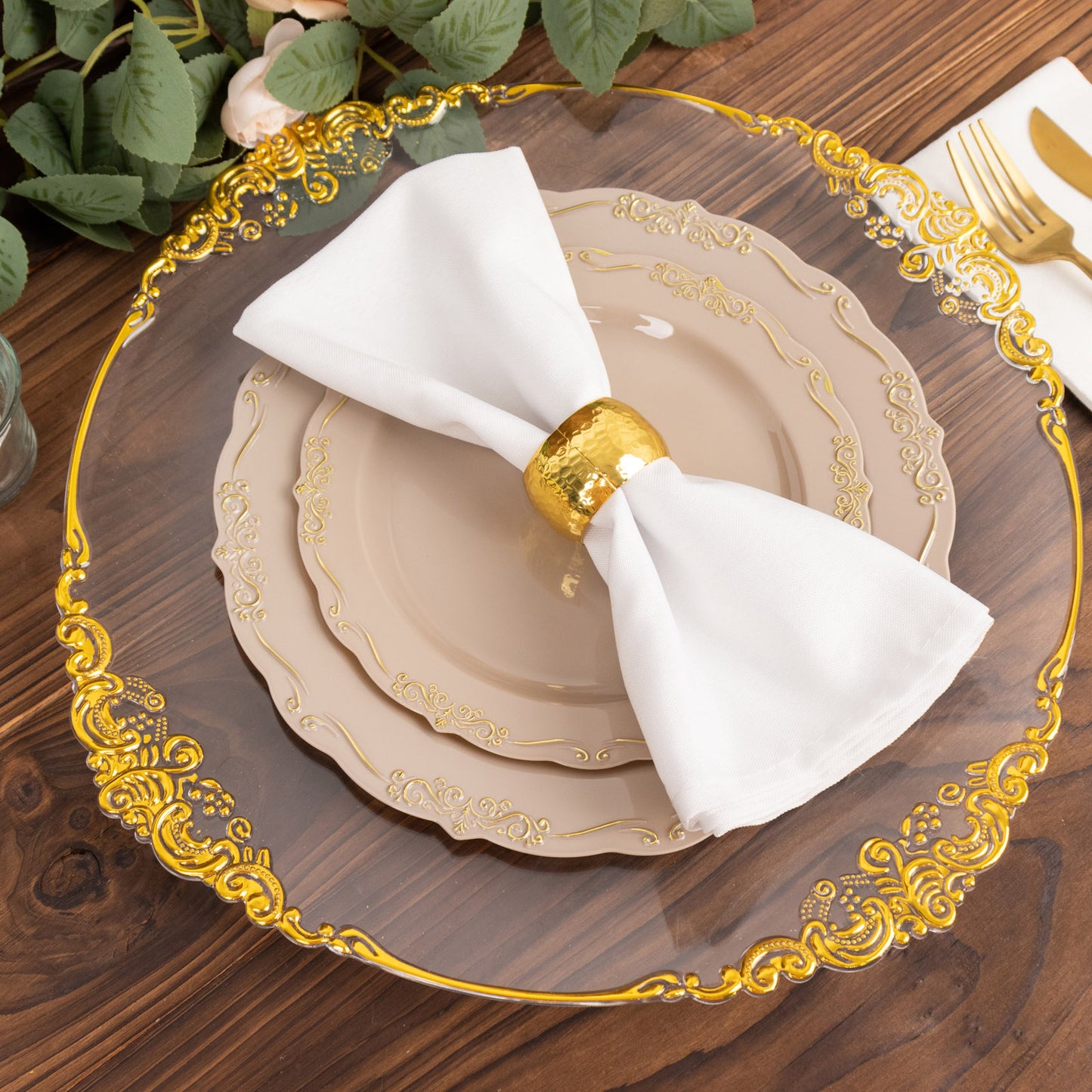 Taupe disposable dinner plates with gold vintage rim and scalloped edges.