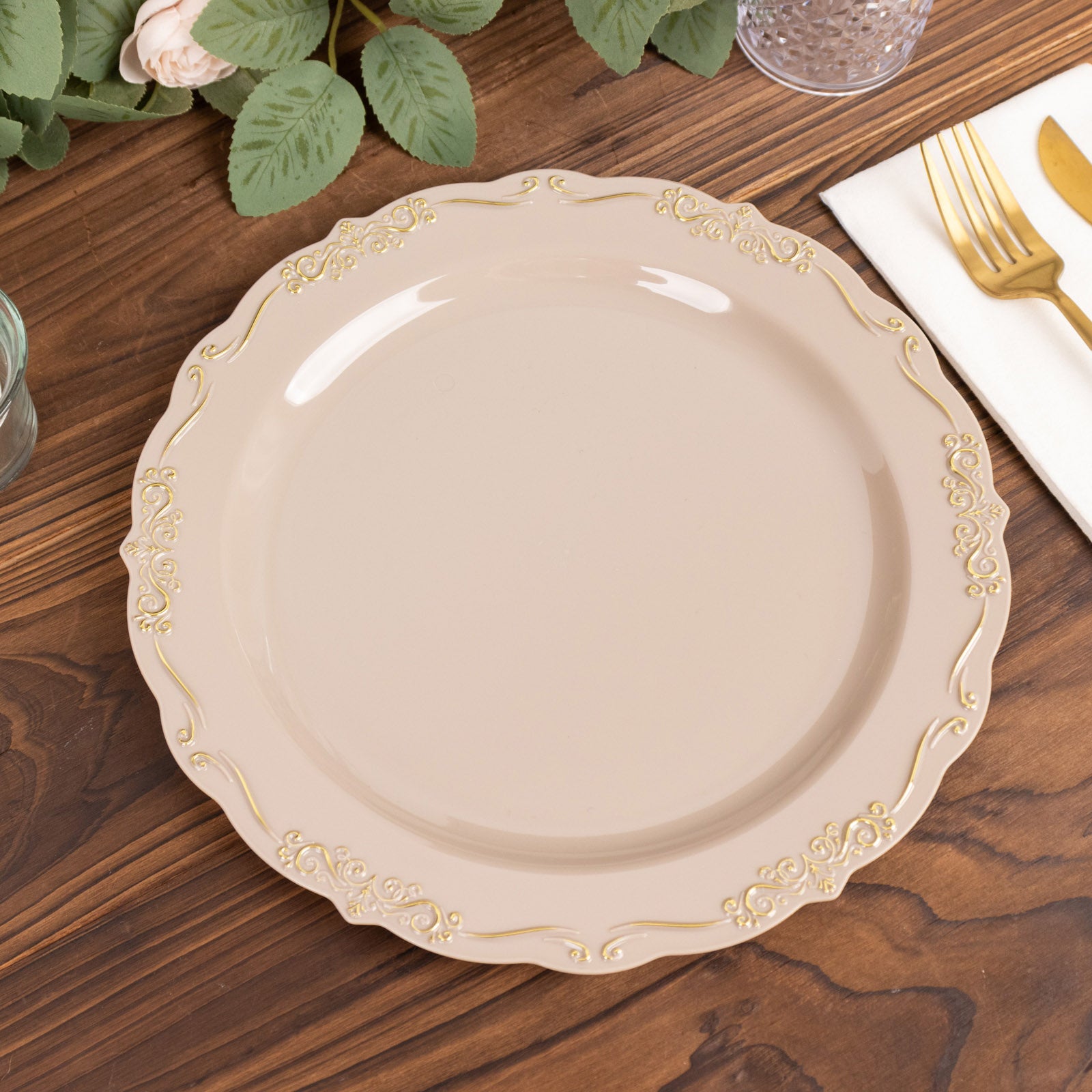 Taupe disposable dinner plate with gold vintage rim and embossed scalloped edges.