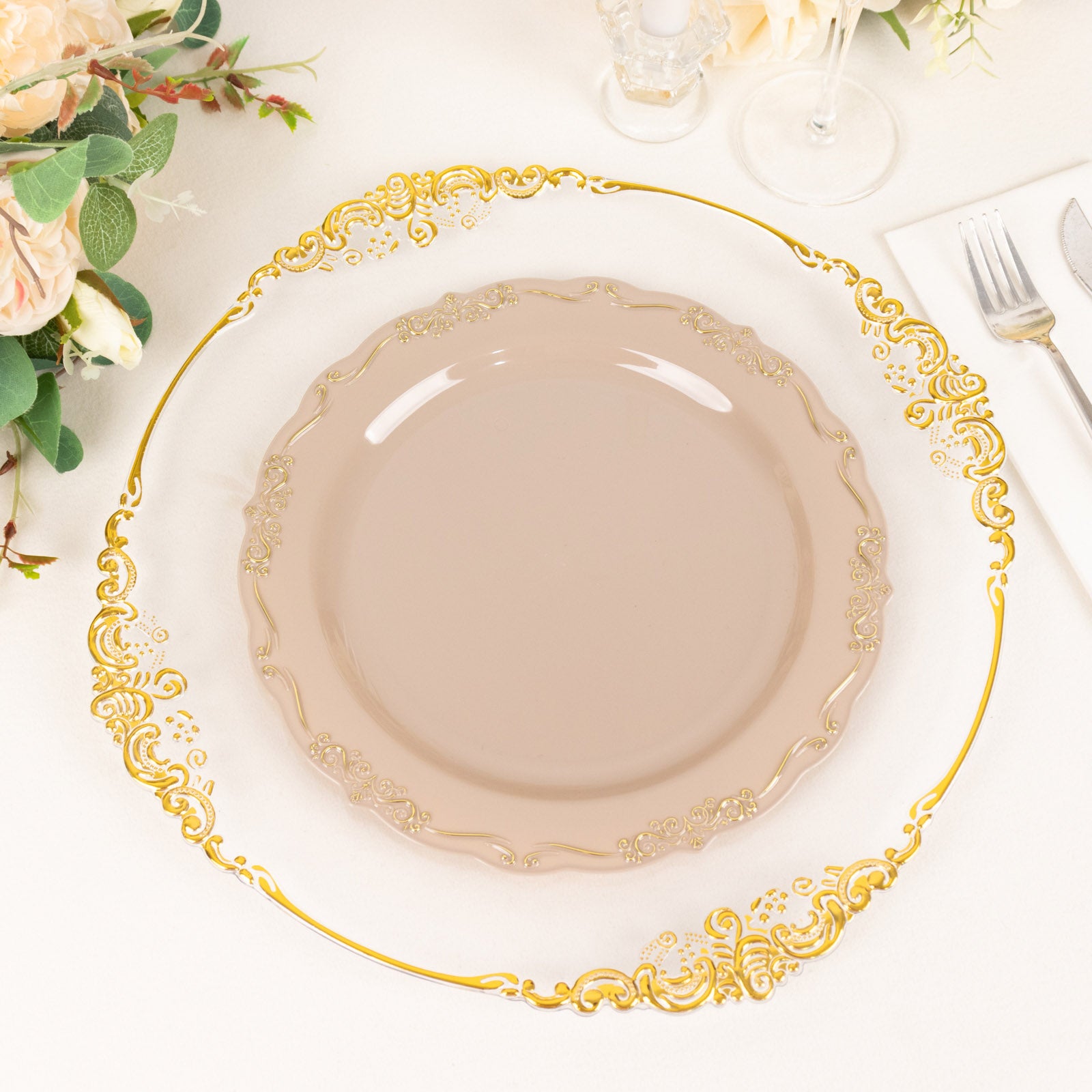 Taupe disposable dinner plate with gold vintage rim and scalloped edges.