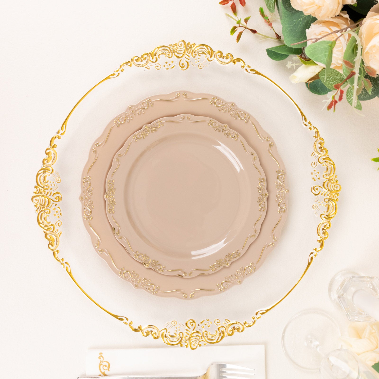 Taupe disposable dinner plates with gold vintage rim and embossed scalloped edges.