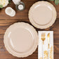 Taupe disposable dinner plates with gold vintage rim and embossed scalloped edges.