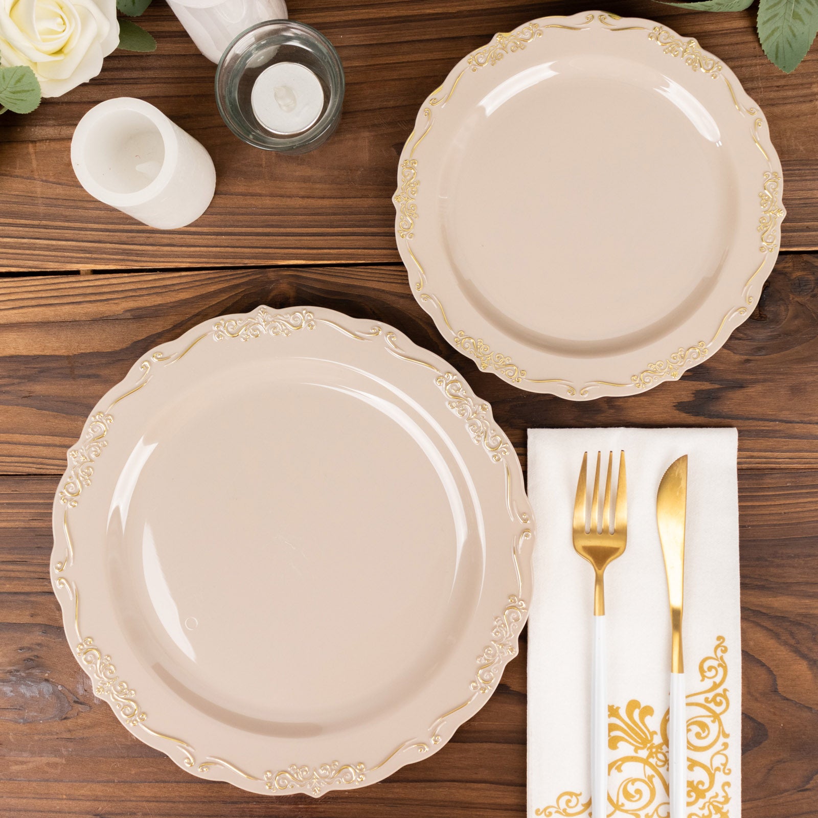 Taupe disposable dinner plates with gold vintage rim and embossed scalloped edges.
