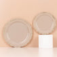 Taupe disposable dinner plates with gold vintage rim, embossed scalloped edges.