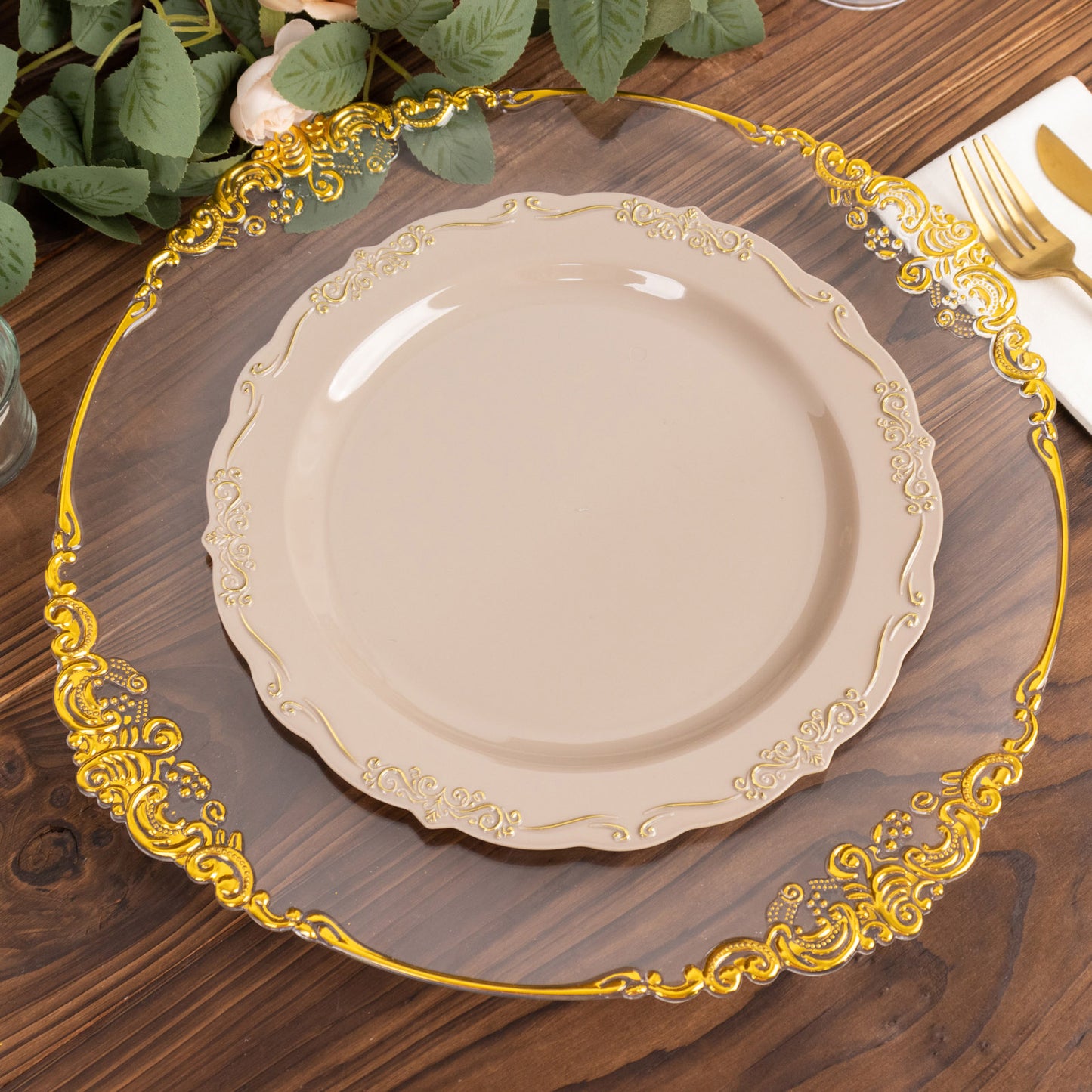Taupe disposable dinner plate with gold vintage rim and embossed scalloped edges.