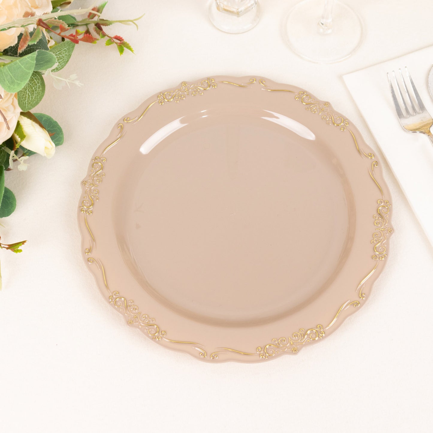 Taupe disposable dinner plate with gold vintage rim and embossed scalloped edges.