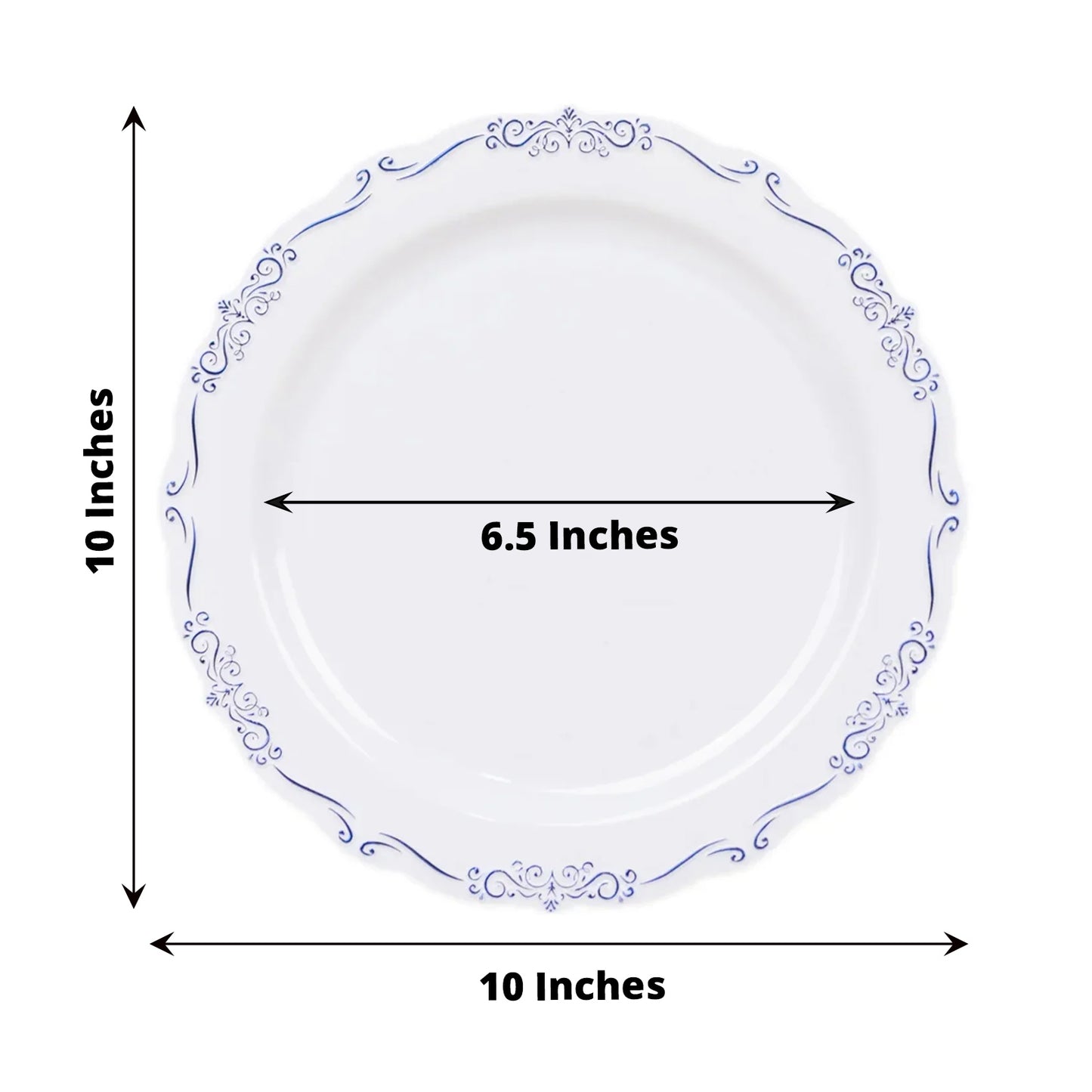 10 Pack White Blue Vintage Rim Disposable Party Plates Embossed Scalloped Edges, 10" Round Hard Plastic Dinner Plates
