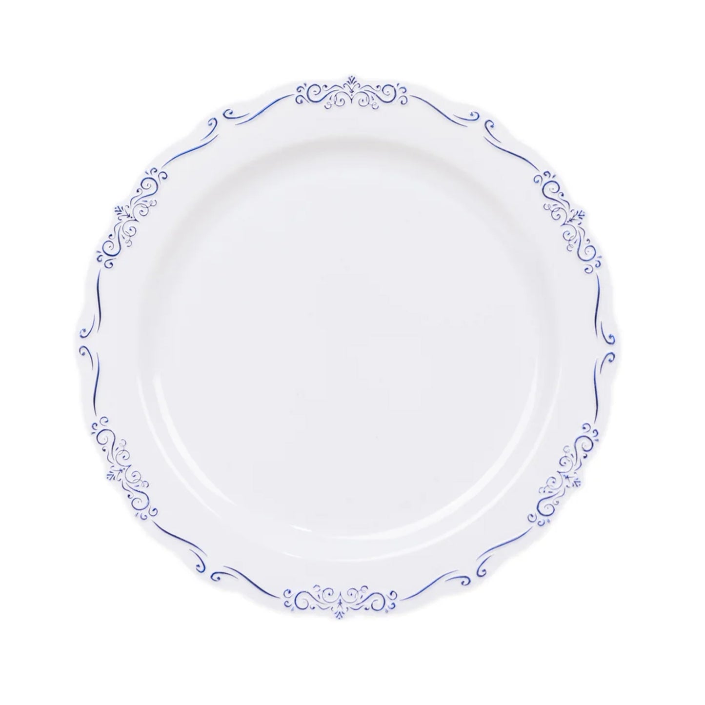 10 Pack White Blue Vintage Rim Disposable Party Plates Embossed Scalloped Edges, 10" Round Hard Plastic Dinner Plates