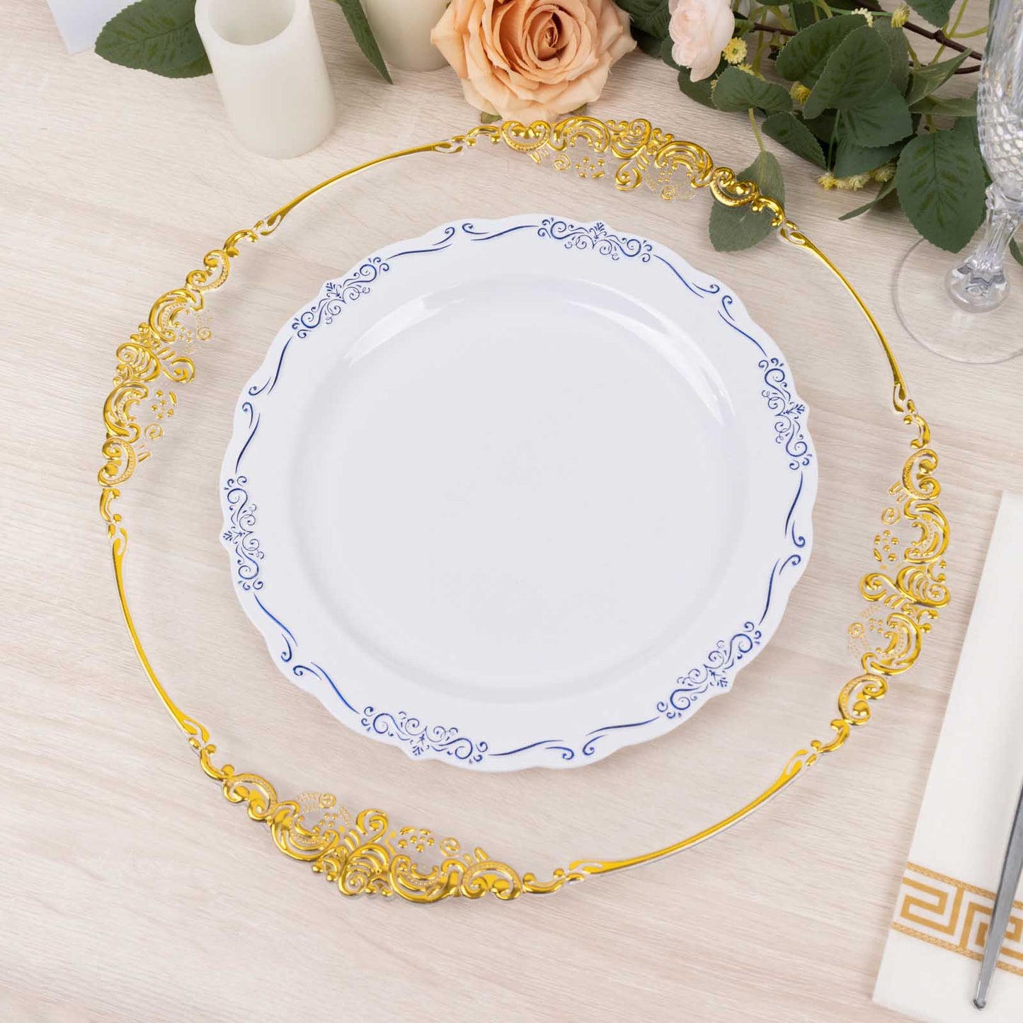 10 Pack White Blue Vintage Rim Disposable Party Plates Embossed Scalloped Edges, 10" Round Hard Plastic Dinner Plates