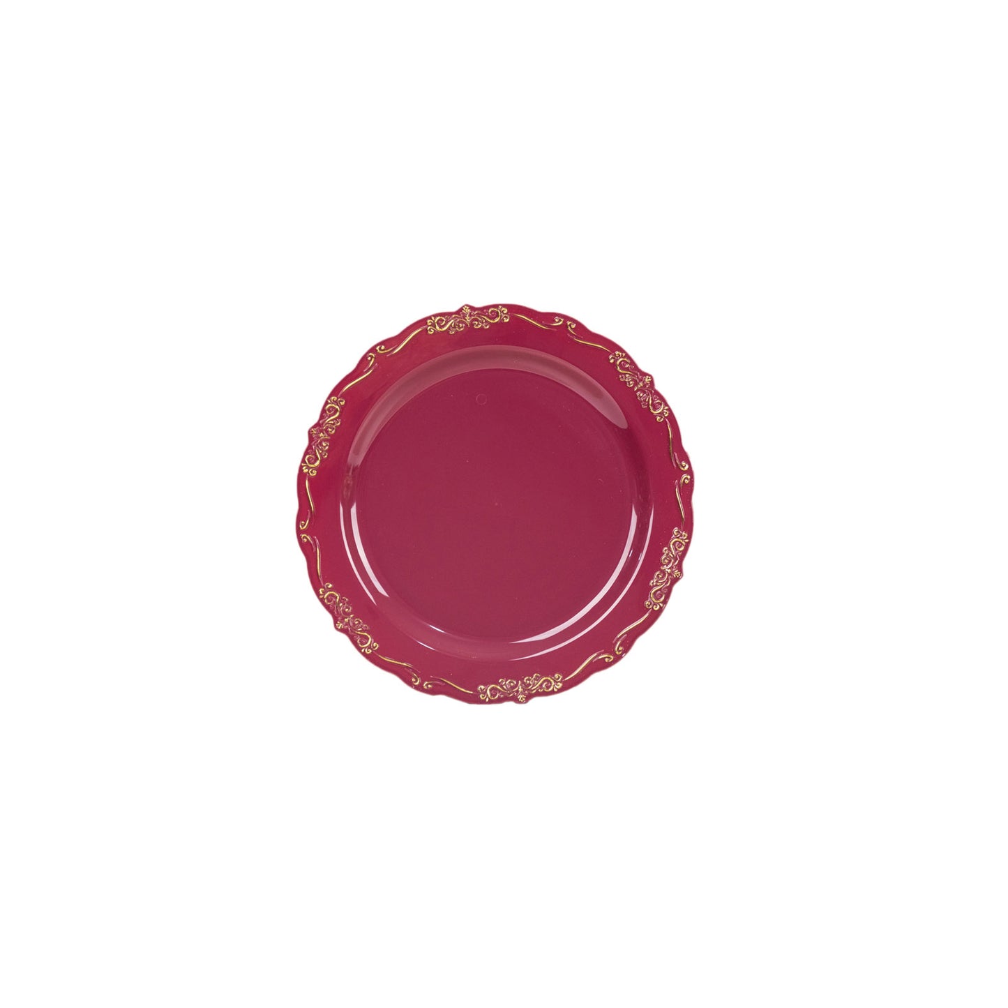 10 Pack | 7" Burgundy With Gold Vintage Rim Disposable Salad Plates With Embossed Scalloped Edges, Hard Plastic Dessert Plates