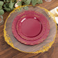10 Pack | 7" Burgundy With Gold Vintage Rim Disposable Salad Plates With Embossed Scalloped Edges, Hard Plastic Dessert Plates
