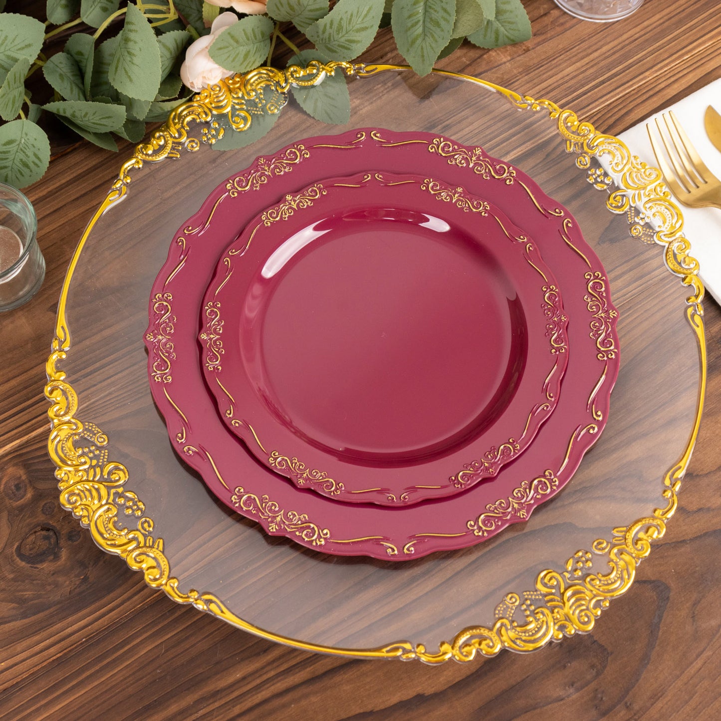 10 Pack | 7" Burgundy With Gold Vintage Rim Disposable Salad Plates With Embossed Scalloped Edges, Hard Plastic Dessert Plates