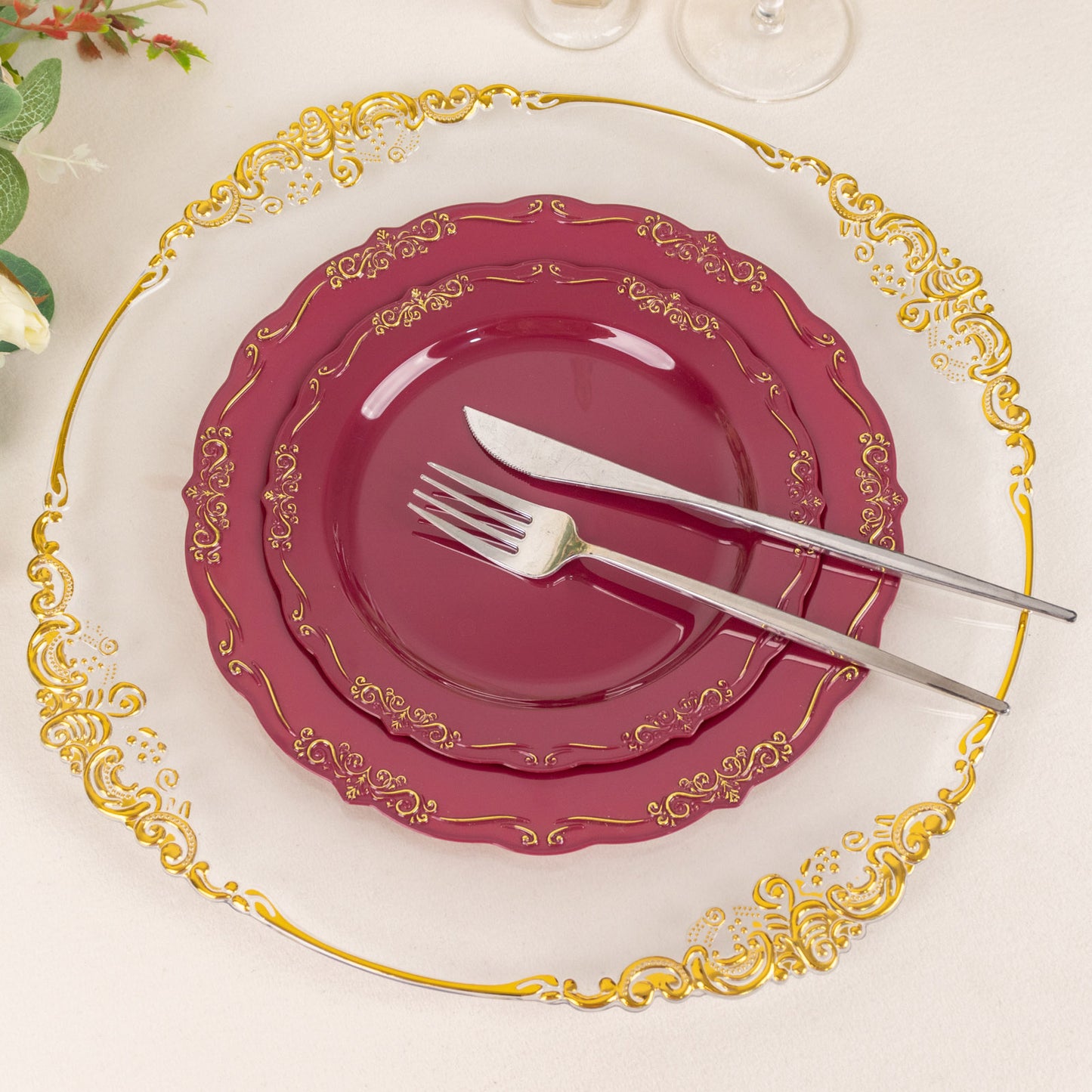 10 Pack | 7" Burgundy With Gold Vintage Rim Disposable Salad Plates With Embossed Scalloped Edges, Hard Plastic Dessert Plates