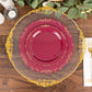 10 Pack | 7" Burgundy With Gold Vintage Rim Disposable Salad Plates With Embossed Scalloped Edges, Hard Plastic Dessert Plates