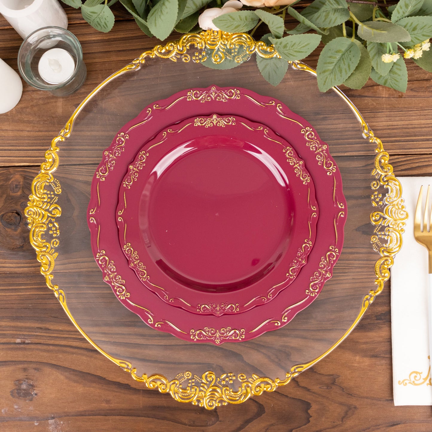 10 Pack | 7" Burgundy With Gold Vintage Rim Disposable Salad Plates With Embossed Scalloped Edges, Hard Plastic Dessert Plates