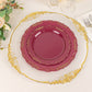 10 Pack | 7" Burgundy With Gold Vintage Rim Disposable Salad Plates With Embossed Scalloped Edges, Hard Plastic Dessert Plates