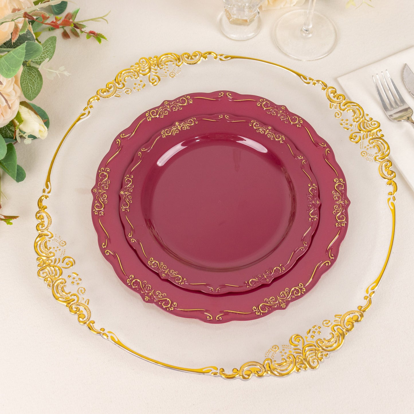 10 Pack | 7" Burgundy With Gold Vintage Rim Disposable Salad Plates With Embossed Scalloped Edges, Hard Plastic Dessert Plates