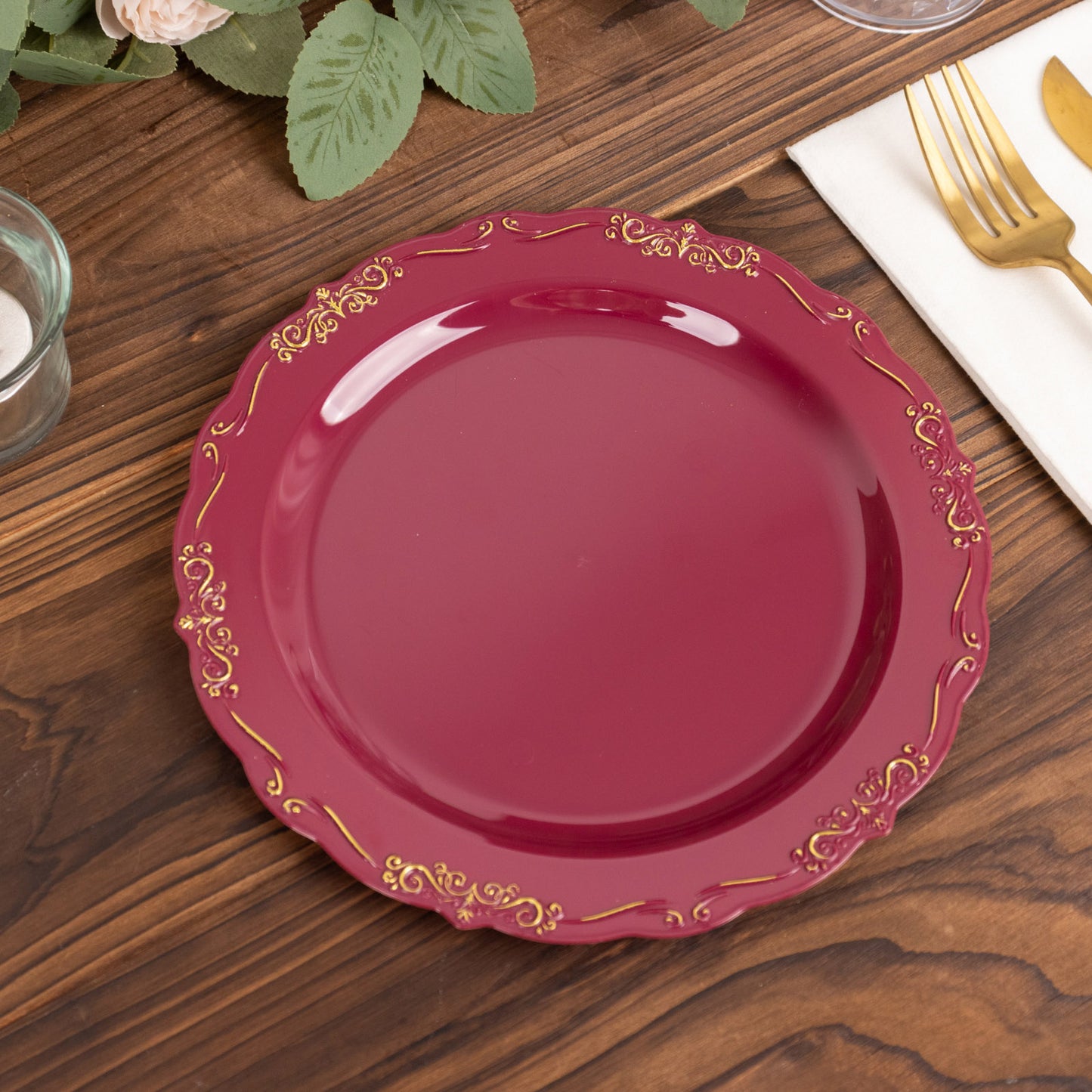 10 Pack | 7" Burgundy With Gold Vintage Rim Disposable Salad Plates With Embossed Scalloped Edges, Hard Plastic Dessert Plates