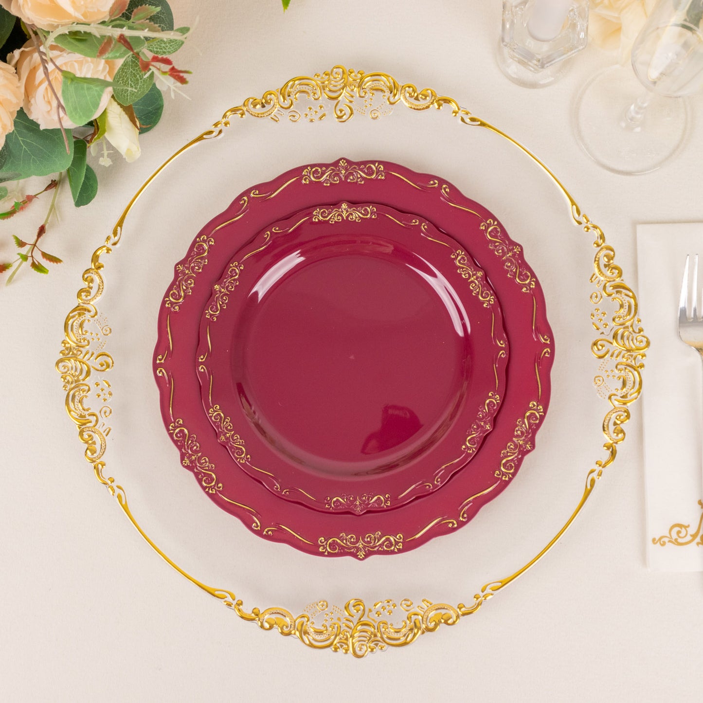 10 Pack | 7" Burgundy With Gold Vintage Rim Disposable Salad Plates With Embossed Scalloped Edges, Hard Plastic Dessert Plates