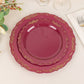 10 Pack | 7" Burgundy With Gold Vintage Rim Disposable Salad Plates With Embossed Scalloped Edges, Hard Plastic Dessert Plates