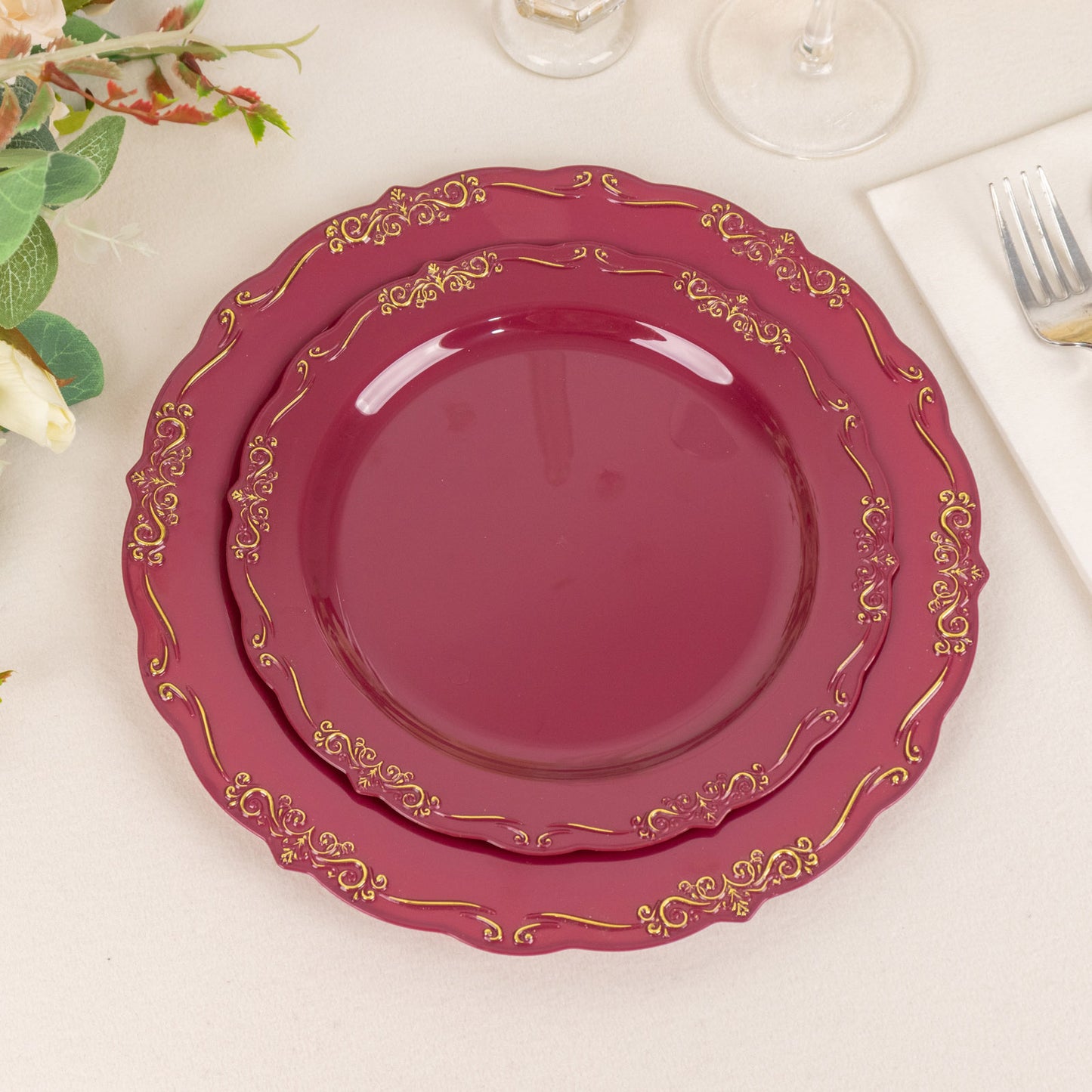 10 Pack | 7" Burgundy With Gold Vintage Rim Disposable Salad Plates With Embossed Scalloped Edges, Hard Plastic Dessert Plates