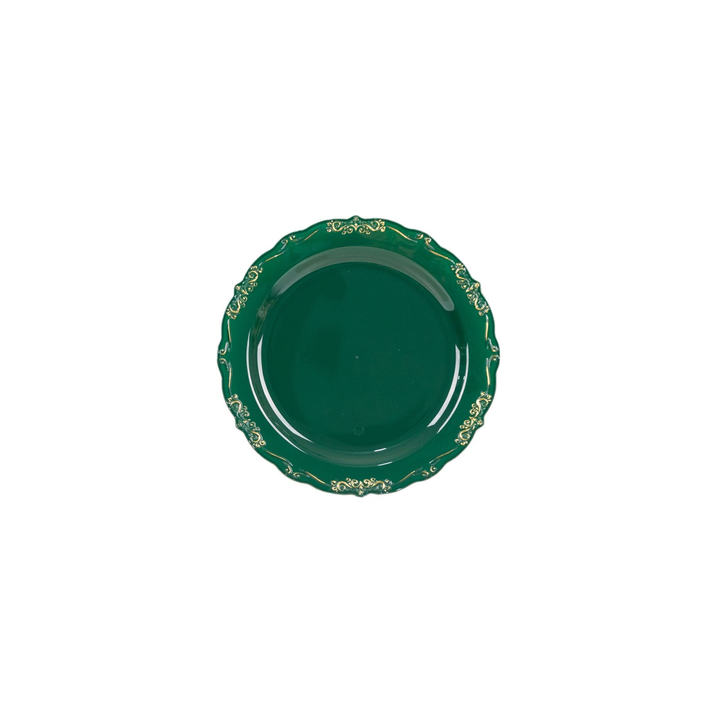 10 Pack | 7" Hunter Emerald Green With Gold Vintage Rim Disposable Salad Plates With Embossed Scalloped Edges, Hard Plastic Dessert Plates