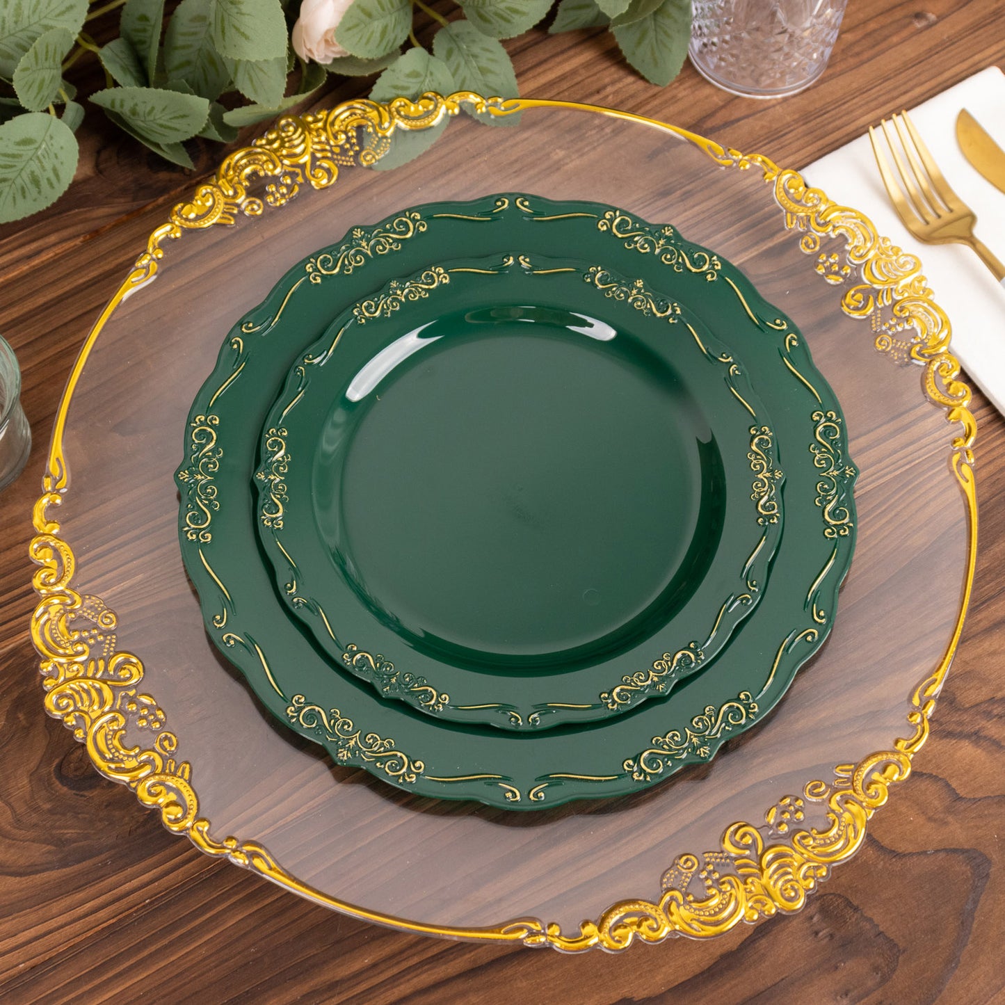 10 Pack | 7" Hunter Emerald Green With Gold Vintage Rim Disposable Salad Plates With Embossed Scalloped Edges, Hard Plastic Dessert Plates