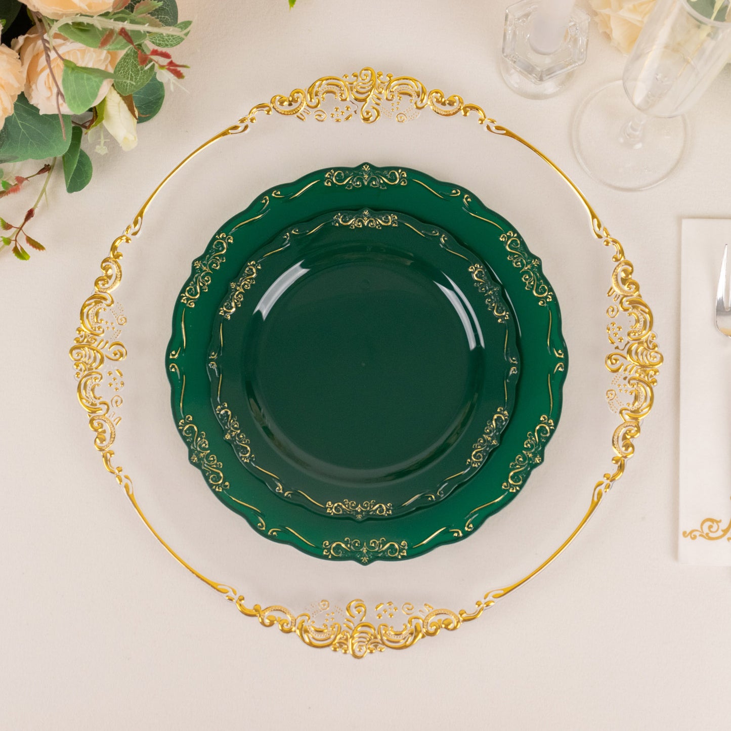 10 Pack | 7" Hunter Emerald Green With Gold Vintage Rim Disposable Salad Plates With Embossed Scalloped Edges, Hard Plastic Dessert Plates