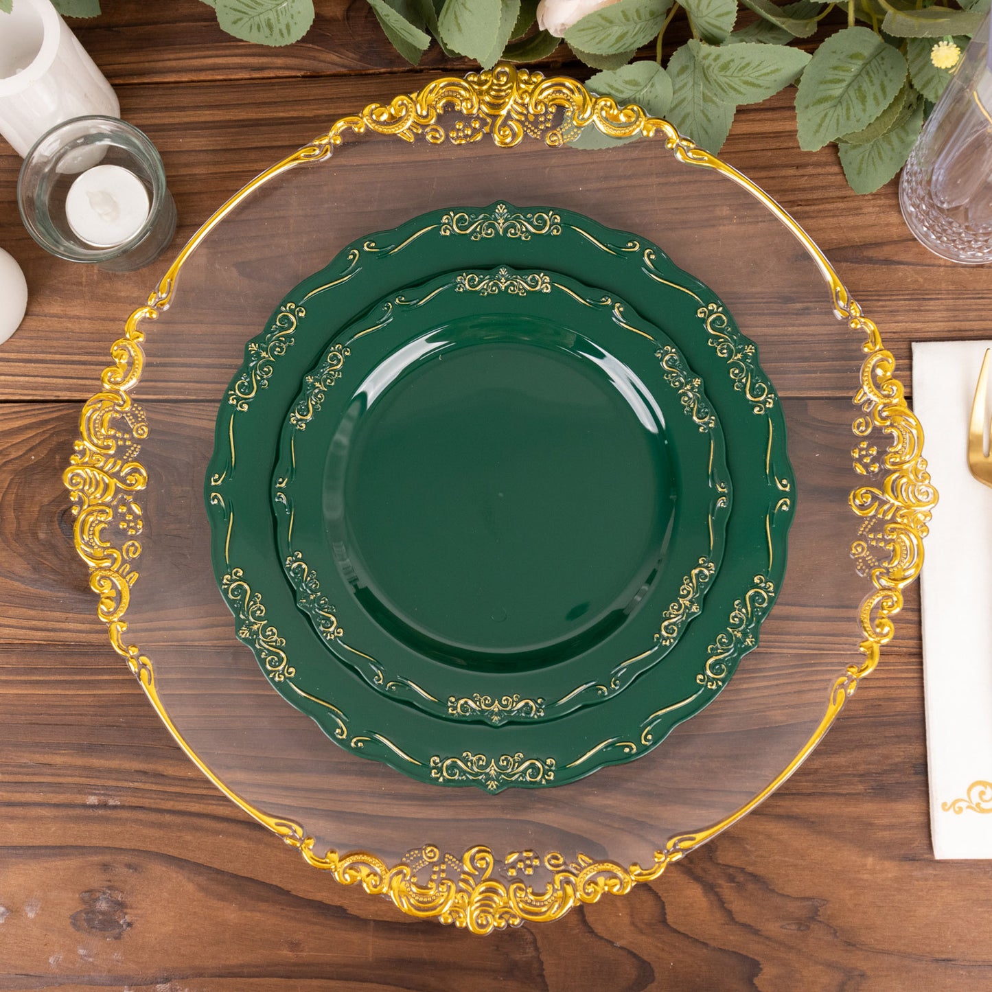 10 Pack | 7" Hunter Emerald Green With Gold Vintage Rim Disposable Salad Plates With Embossed Scalloped Edges, Hard Plastic Dessert Plates