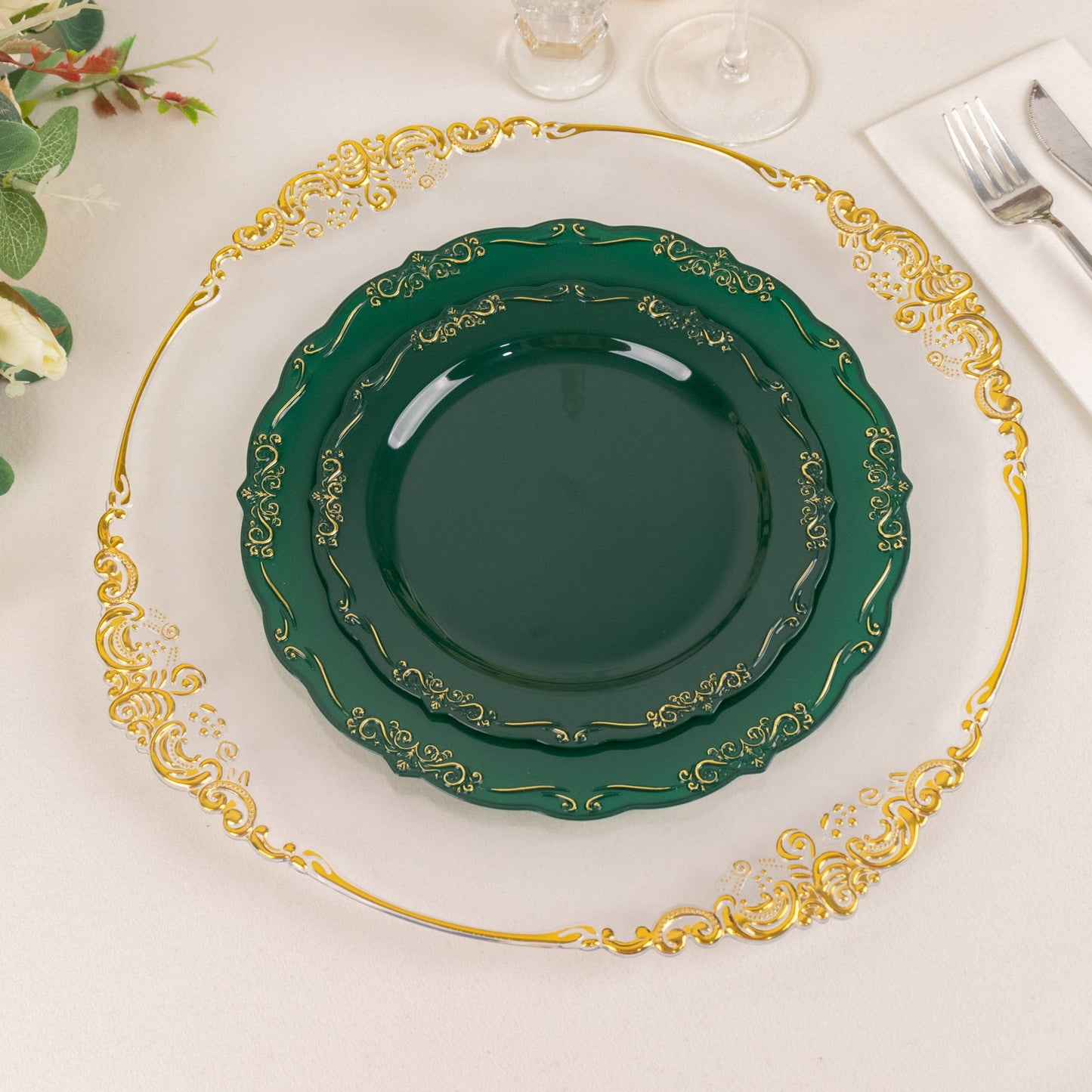 10 Pack | 7" Hunter Emerald Green With Gold Vintage Rim Disposable Salad Plates With Embossed Scalloped Edges, Hard Plastic Dessert Plates