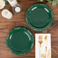 10 Pack | 7" Hunter Emerald Green With Gold Vintage Rim Disposable Salad Plates With Embossed Scalloped Edges, Hard Plastic Dessert Plates