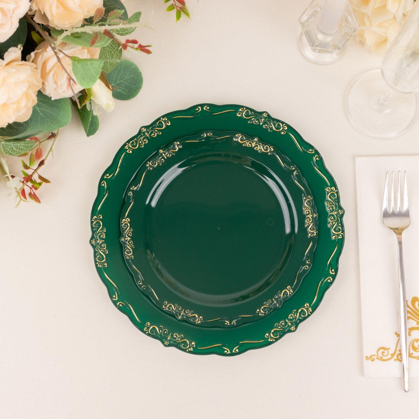 10 Pack | 7" Hunter Emerald Green With Gold Vintage Rim Disposable Salad Plates With Embossed Scalloped Edges, Hard Plastic Dessert Plates