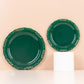 10 Pack | 7" Hunter Emerald Green With Gold Vintage Rim Disposable Salad Plates With Embossed Scalloped Edges, Hard Plastic Dessert Plates
