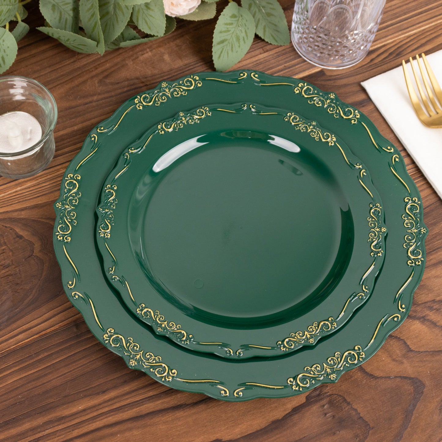 10 Pack | 7" Hunter Emerald Green With Gold Vintage Rim Disposable Salad Plates With Embossed Scalloped Edges, Hard Plastic Dessert Plates