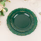 10 Pack | 7" Hunter Emerald Green With Gold Vintage Rim Disposable Salad Plates With Embossed Scalloped Edges, Hard Plastic Dessert Plates