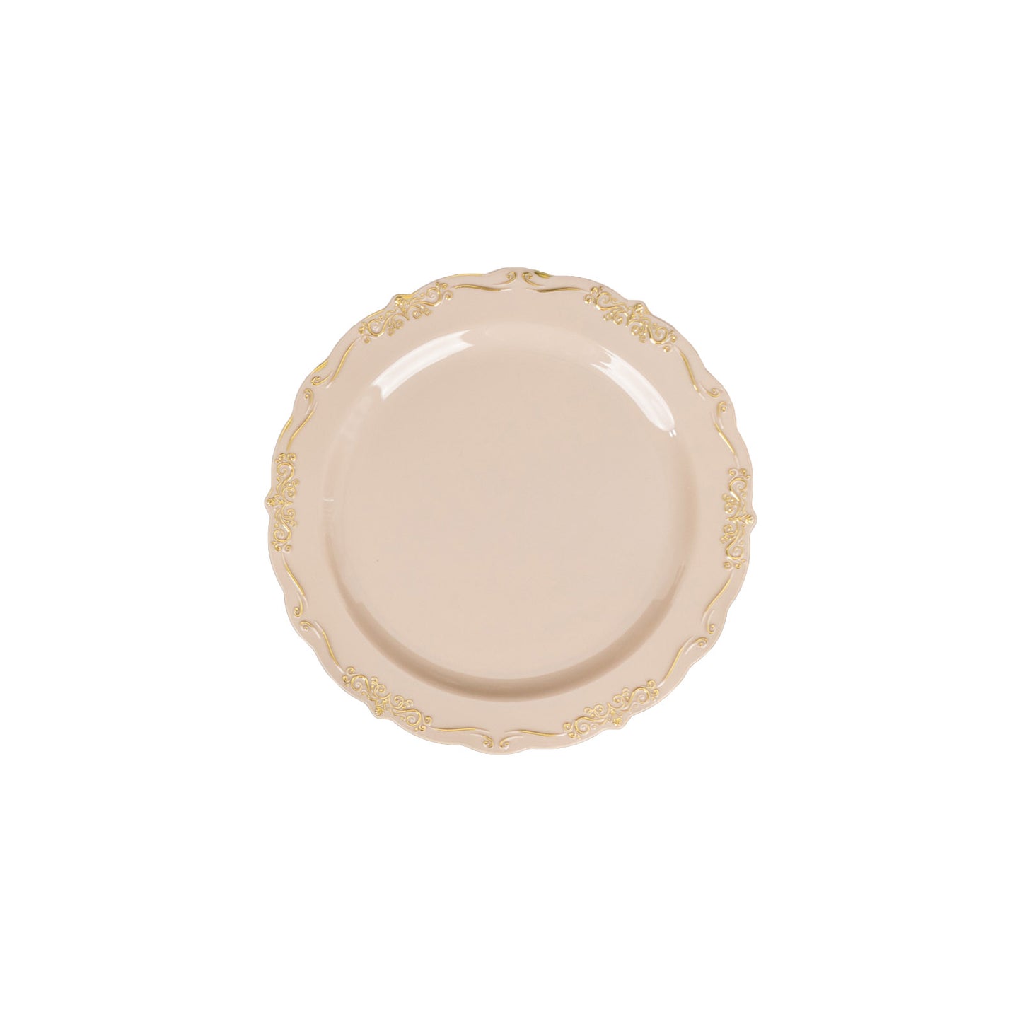 10 Pack | 7" Taupe With Gold Vintage Rim Disposable Salad Plates With Embossed Scalloped Edges, Hard Plastic Dessert Plates